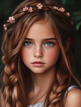 Young girl with flower crown and braided hair in lush garden setting photo