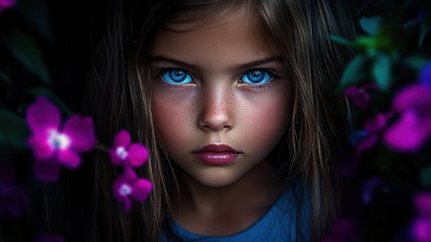 Child with striking blue eyes surrounded by purple flowers photo
