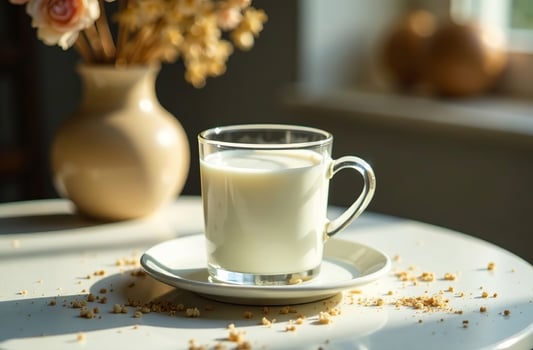 Glass yummy milk light background, drink photo restaurant