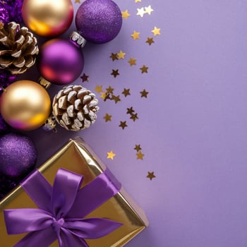 Purple and Gold Christmas Arrangement with Gift Box and Baubles on Purple Background. Elegant, Festive Christmas Banner, Template, Copy Space, Social Media Post photo