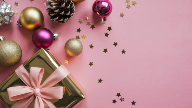 Pink and Gold Christmas Arrangement with Gift Box and Baubles on Pink Background. Elegant, Festive Christmas Banner, Template, Copy Space, Social Media Post photo