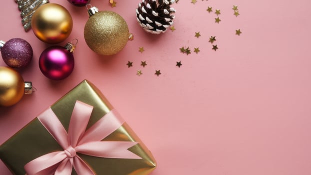 Pink and Gold Christmas Arrangement with Gift Box and Baubles on Pink Background. Elegant, Festive Christmas Banner, Template, Copy Space, Social Media Post photo