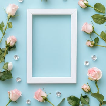 Floral decoration with white frame and pastel roses on soft blue background photo