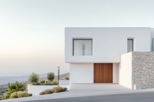Modern residential architecture blending with desert landscape in a serene environment photo