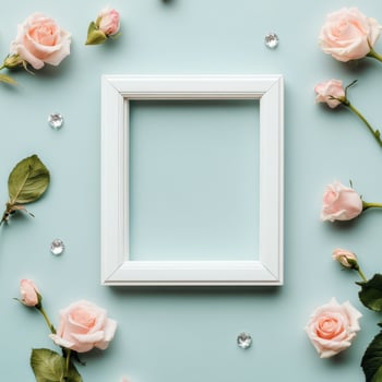 Floral decoration with white frame and pastel roses on soft blue background photo