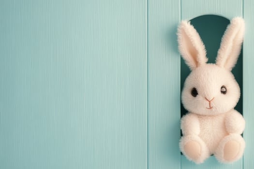 White rabbit peeking from a hole in a mint green background during daylight hours photo