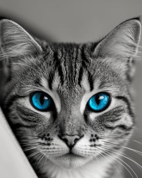 A close up of a cat's face with blue eyes. photo