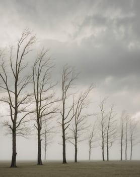 Wind blown trees standing in an open field on a cloudy day. photo