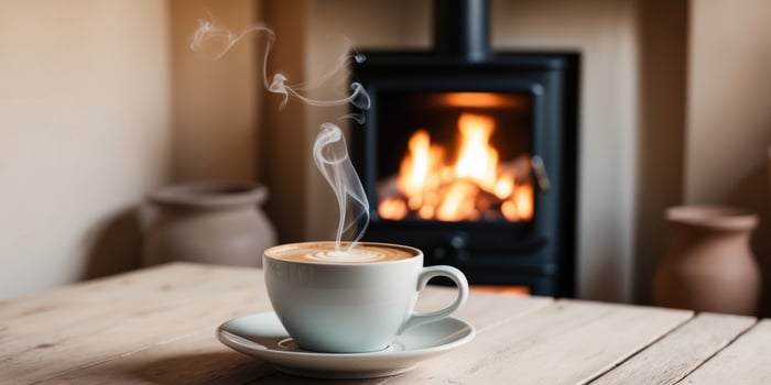 Steaming Cup of Coffee on Wooden Table with Fireplace in Background. photo