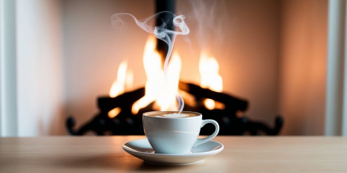 A steaming cup of coffee in front of a fireplace. photo