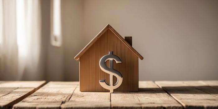 A wooden house and a dollar sign on a wooden table. photo