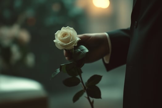 A person in a suit holding a white rose photo