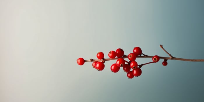 A branch of red berries is on a blue background. photo