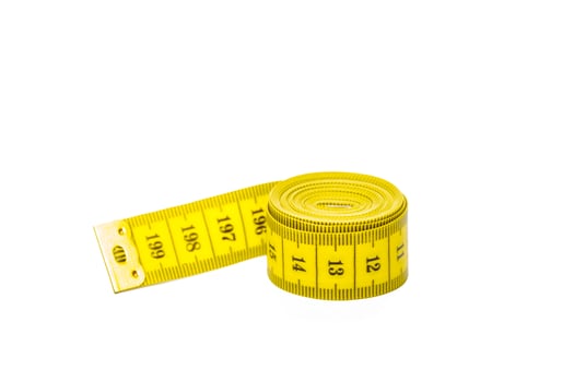 yellow metric measuring tape isolated on white panorama background photo