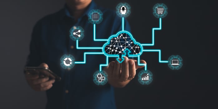 man holding icon cloud computing diagram show on hand. data storage.cloud technology.secure backup and consistency networking and internet service concept.implementing storage technology in business photo