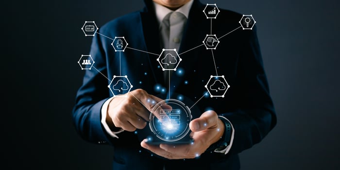 man holding icon cloud computing diagram show on hand. data center storage.cloud tech.secure backup and consistency network and internet service concept.implement storage technology in business photo