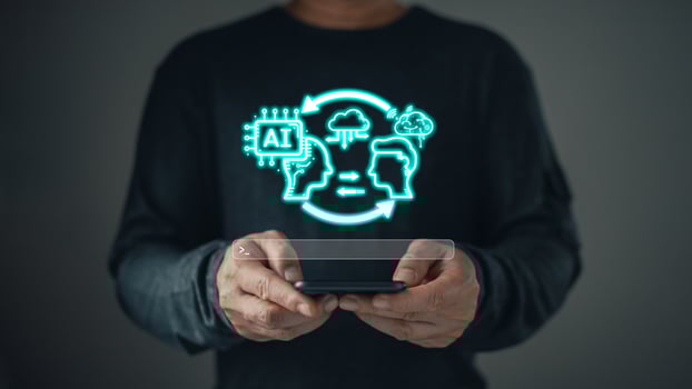 man holding command prompt ai chat. Big data storage computer tech.Digital Artificial Intelligence AI technology disruption concept. We are implementing storage technology support in the business. photo