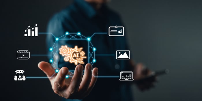 Man hold icon ai and use smartphone, Marketers education, research, analyze media streaming content creation and online marketing strategy to grow their digital business. photo