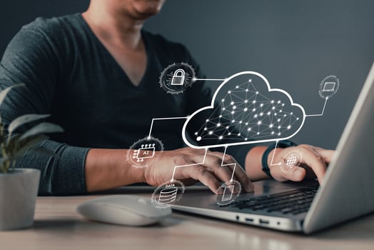 man use icon cloud computing diagram show on hand. data center storage.cloud tech.secure backup and consistency network and internet service concept.implementing storage technology in business photo