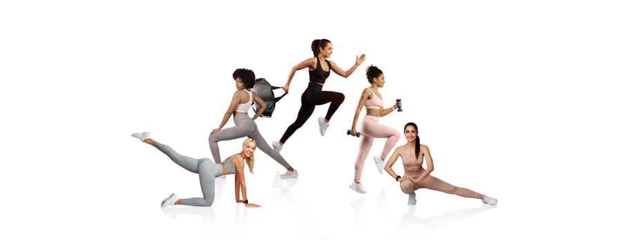 Five women demonstrate dynamic fitness poses on a plain background. Each individual showcases various athletic outfits while expressing movement and vitality. photo