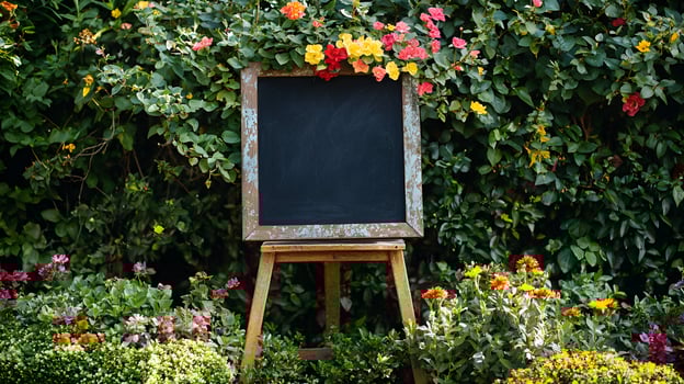 Serene Garden with Blank Chalkboard Frame photo
