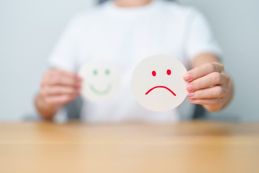 Woman show Unhappy Sad face paper, Mental health Assessment, Psychology, Health Wellness, Feedback, Customer Review, Experience, Satisfaction Survey, Negative Thinking and World Mental Health day photo