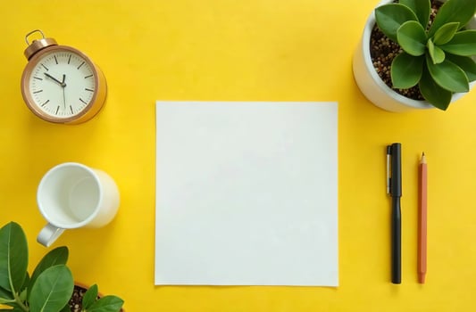 Flat Lay Office Desktop still life yellow background, Minimalist Stationery photo