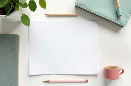 Flat Lay layout Office Desktop white background, Minimalist Stationery. photo