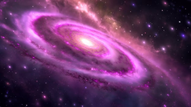 Galaxy with bright core and purple spiraling arms image photo