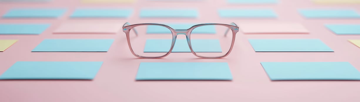 Stylish glasses surrounded by colorful sticky notes on a pastel background. photo