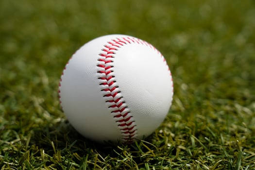Baseball white ball lies on a green lawn photo