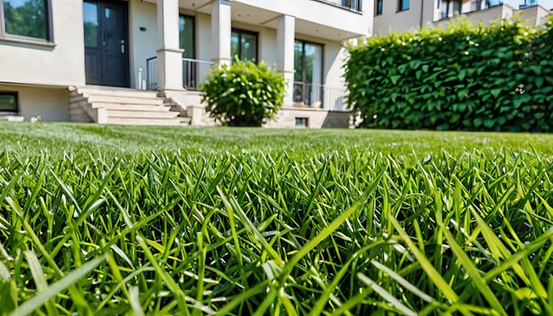 Lush Green Lawn in Front of Modern House photo