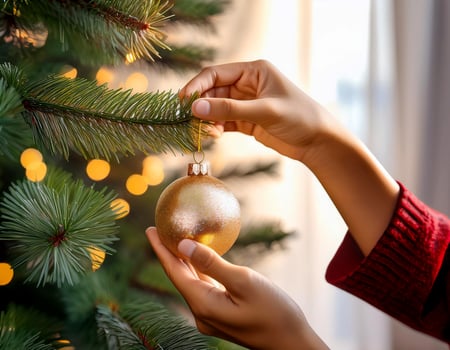 person holding christmas ball. Hanging Christmas ornaments on a Christmas tree with copy space. photo