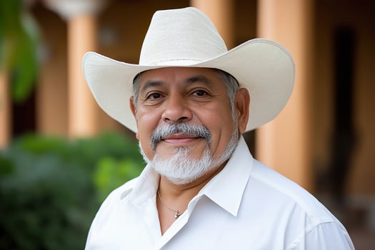 elderly Hispanic man in white shirt and cowboy hat poses outdoors in garden. photo