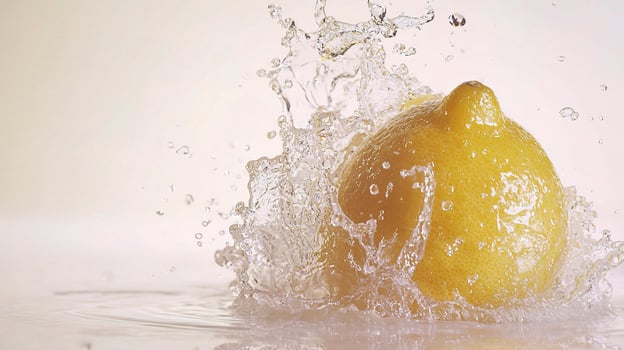 A lemon is splashing water on a white surface photo