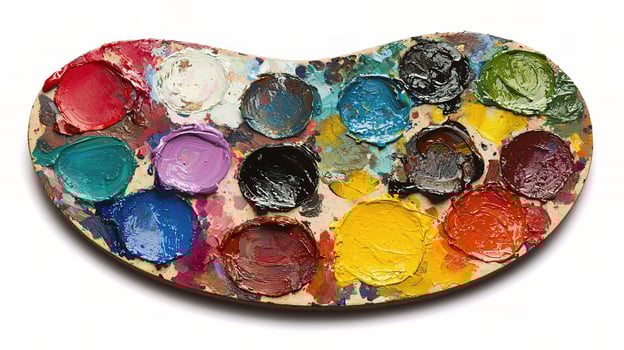 A palette of paint is shown on a white background photo