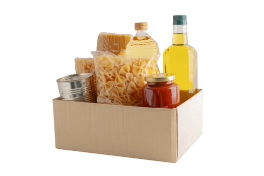 Foodstuffs in donation box for volunteer to help people. photo