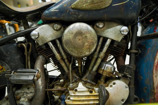 Closeup and crop twins old engine of 1970's classic Chopper motorbike. photo