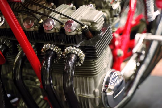 Closeup and perspective view of old engine of 1970's Chopper motorbike photo