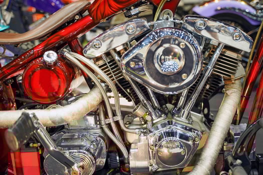 Closeup and crop Chopper motorbike's engine with chrome colors in a custom design. photo