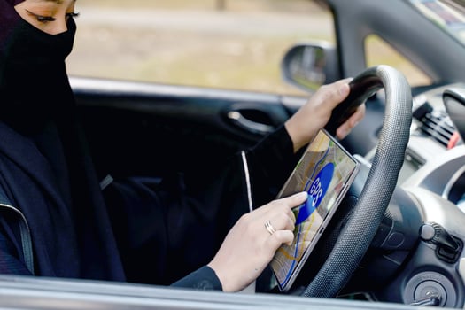 Closeup a beautiful Muslim woman wearing abaya niqab traditional clothes use car GPS finding a coffee shop in city photo