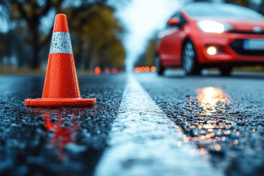 Car driving school on test track Focus on traffic cone driving school. photo