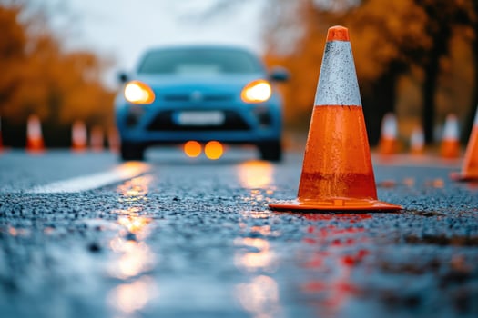 Car driving school on test track Focus on traffic cone driving school. photo