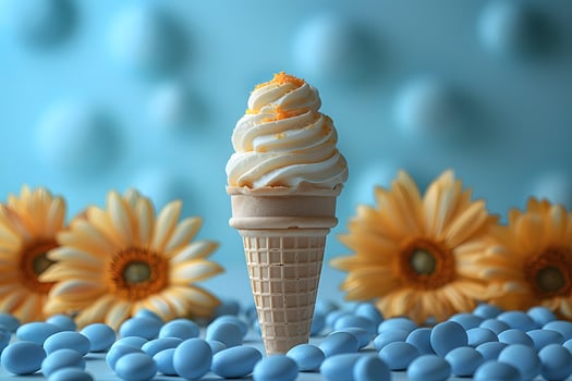 Pastel Blue Ice Cream Cone with Yellow Flowers and Candy for Sweet Celebrations photo