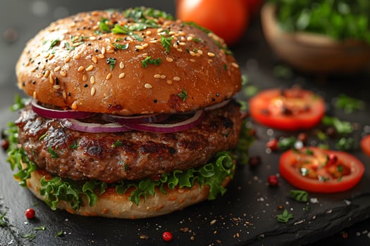 Delicious Gourmet Burger with Fresh Ingredients for Culinary Inspiration and Food Photography photo