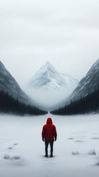 Person in red jacket standing in snowy mountain landscape photo