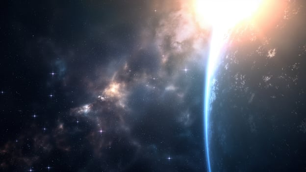 Glowing nebula near planet on dark space image. Gas formation with sparks and globe atmosphere photography scene wallpaper. Travelling in cosmos concept photorealistic photo