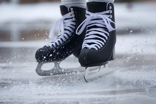 Ice skates contacting frozen surface, motion spraying ice particles in dynamic winter scene photo