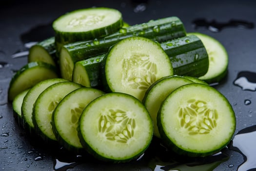 Fresh cucumber slices with water droplets, arranged on dark surface for contrast photo