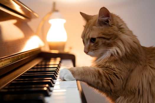 Ginger cat playing with piano keys, surrounded by cozy lighting ambiance photo